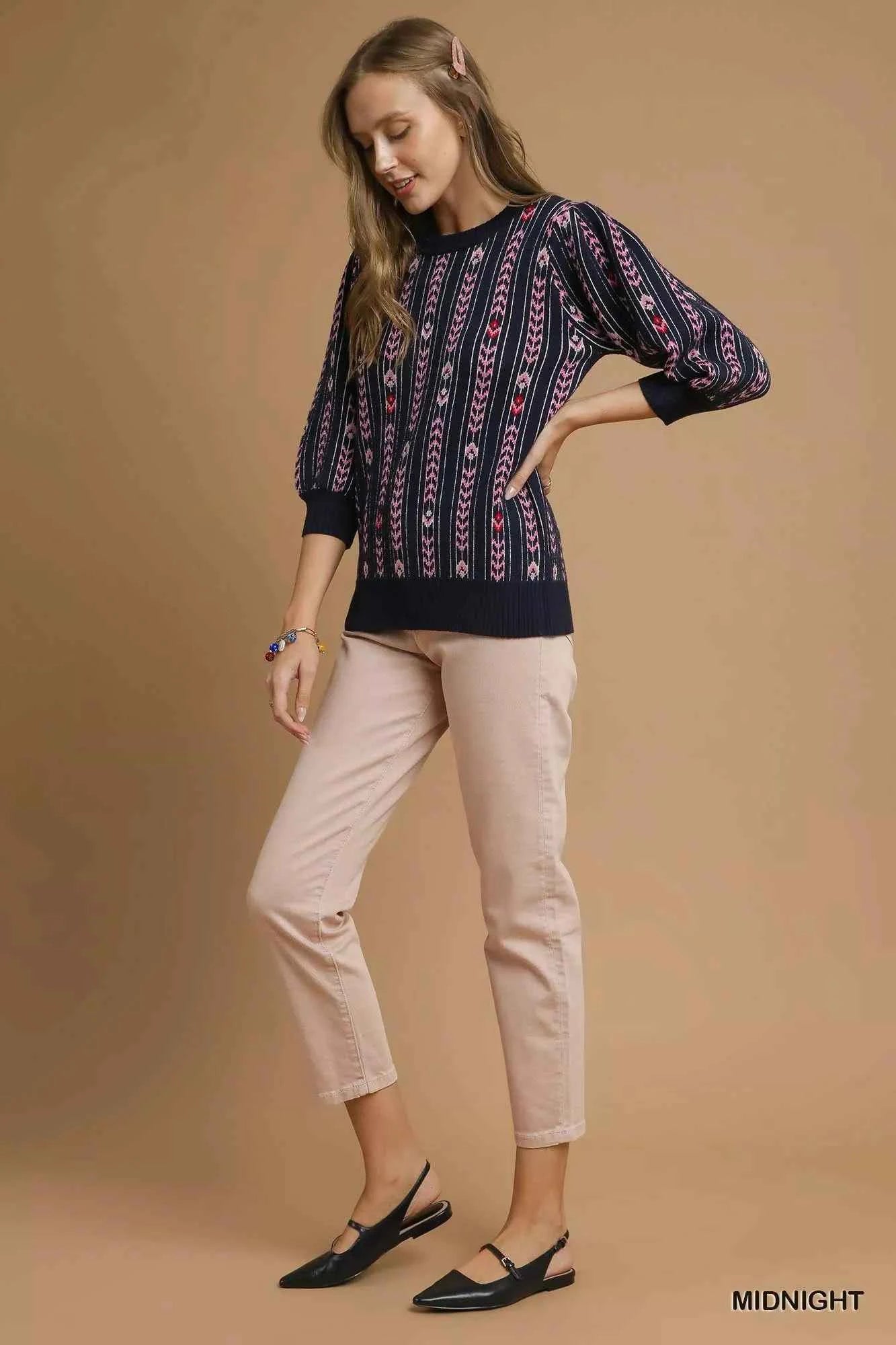 Umgee Jacquard Knit Puff Sleeve Sweater 96bf1c88-8da2-4fe9-8eca-7d27db14fe00-Max-Origin