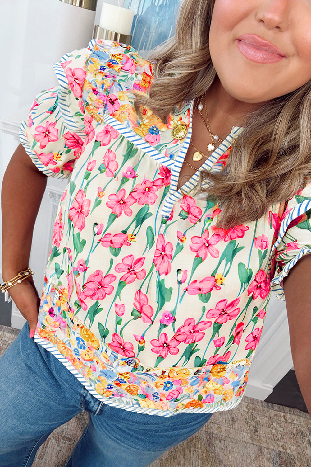 Pink Plus Size Floral Print Striped Trim V Neck Blouse Pink 96c150199624f90d