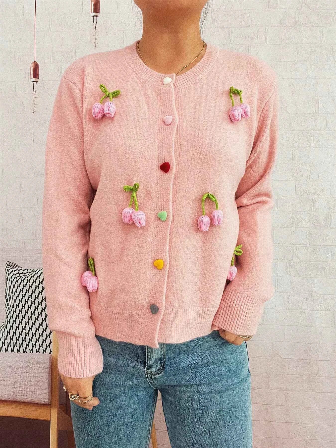 Flower Button Up Long Sleeve Cardigan 96c41a69fb554af9888780625c243202-Max-Origin