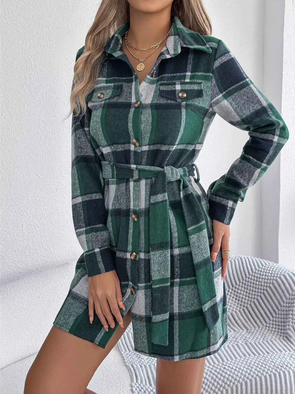 Plaid Button Front Tie Waist Shirt Dress Green 96c7d74ef5974461aa63dcbad22a4275-Max-Origin