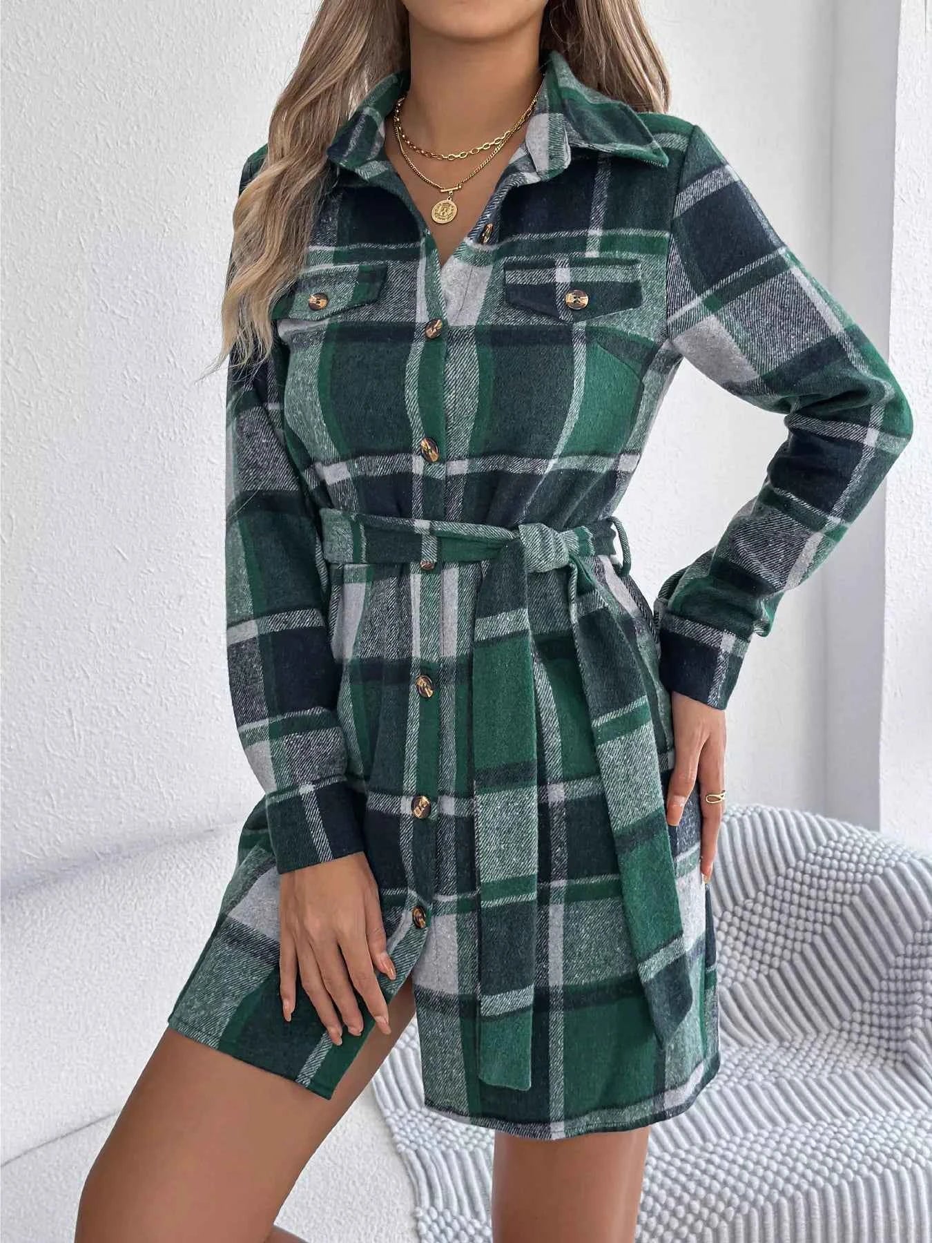 Plaid Button Front Tie Waist Shirt Dress Green 96c7d74ef5974461aa63dcbad22a4275-Max-Origin