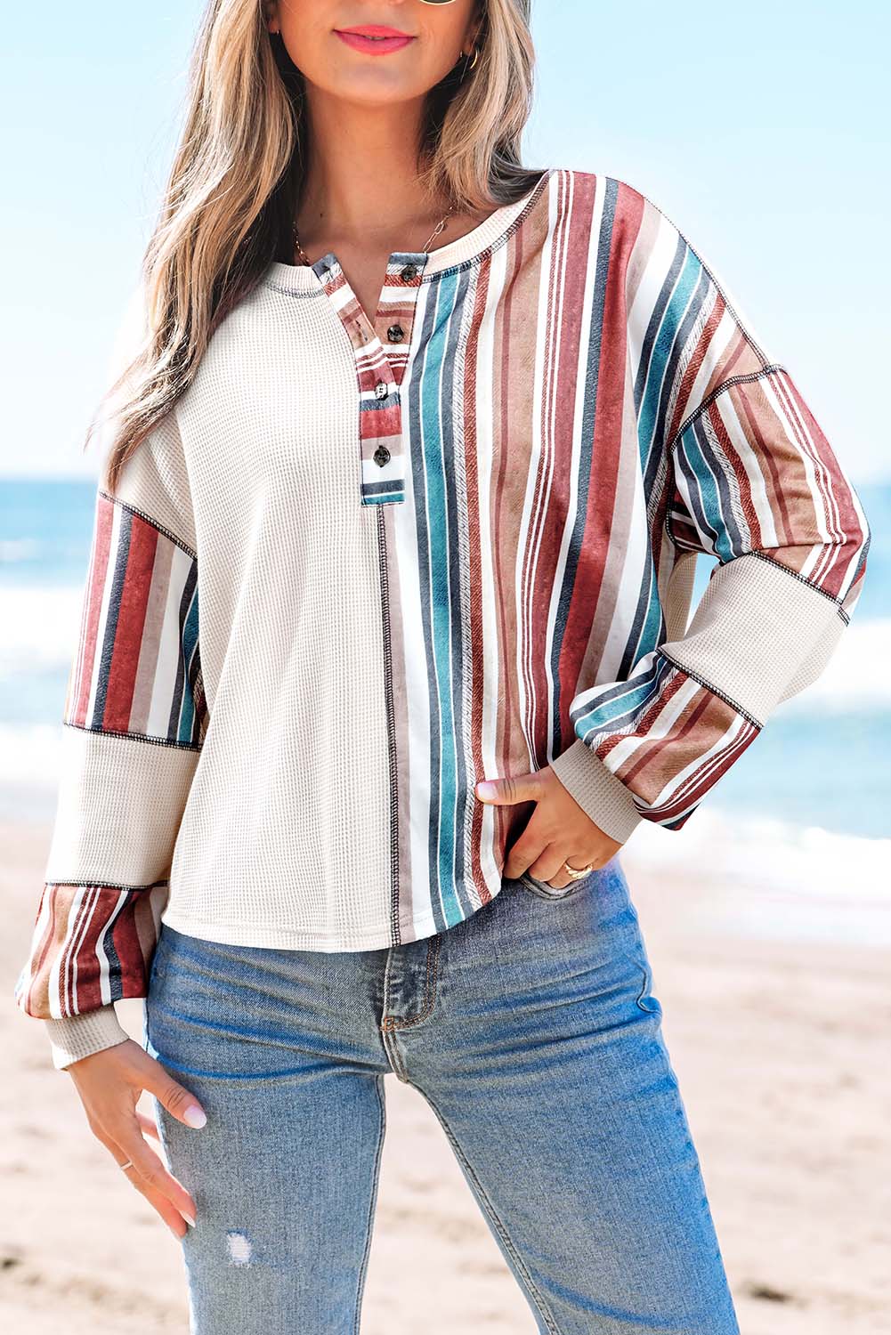 Beige Striped Waffle Patchwork Exposed Seam Raw Hem Knit Top 96ce6077915bb17a