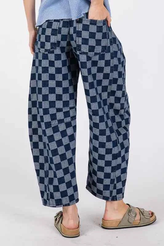 SAGE+FIG Barrel Style Leg Checkered Print Jeans 96d10e48b43d465d9570dbd6ec120b28-Max-Origin