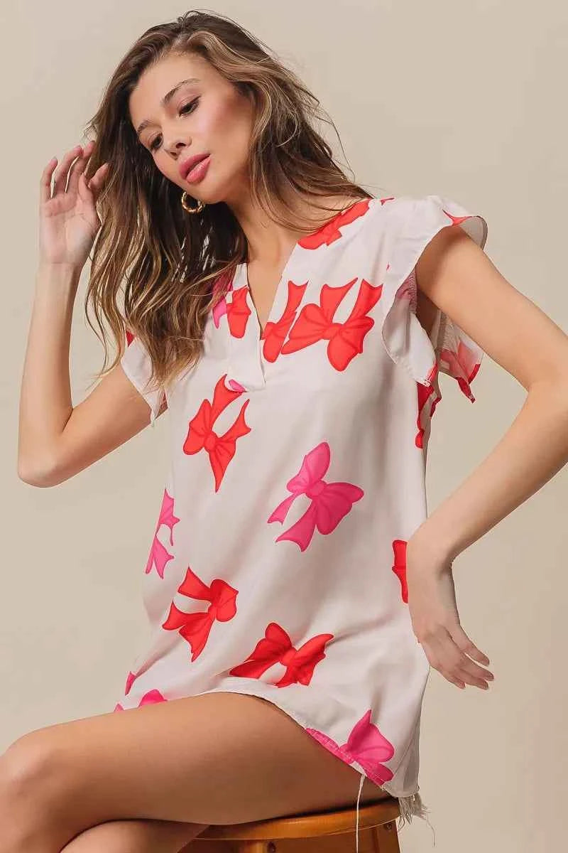 Bow Printed Woven Ruffled Sleeves V Neck Top 96d2848d4f7c40038b4edad20f9befd5-Max-Origin