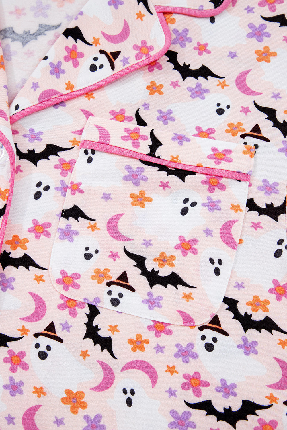 Pink Cute Floral Halloween Ghost Print Long Pajama Set 96d298439becf601