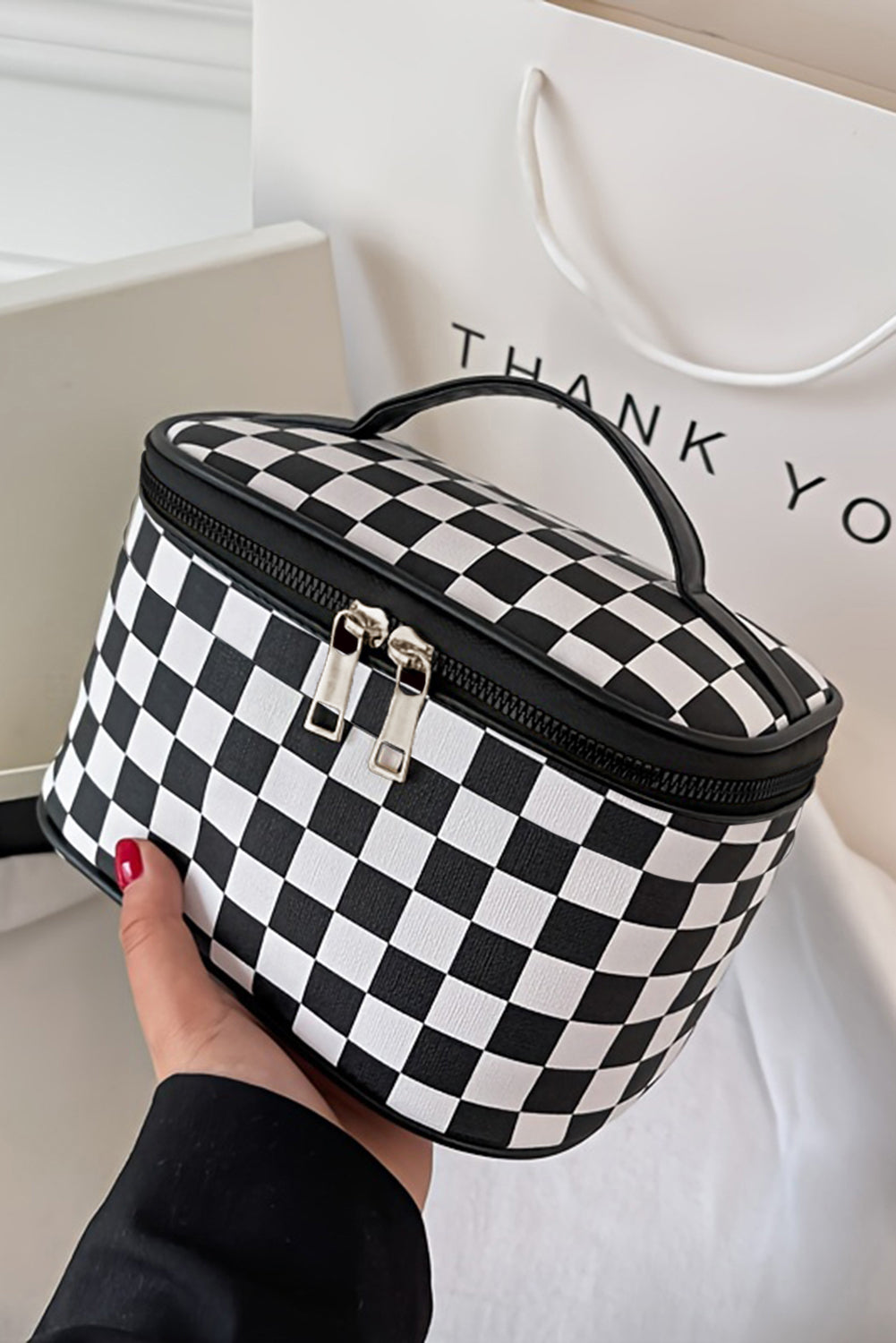 Black Checkered Zipper Large Cosmetic Bag with Handle 96d5d3a694987a68