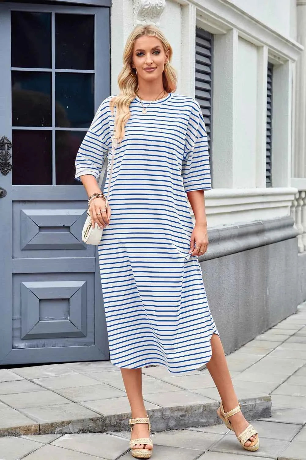 Lovelet Contrast Striped Half Sleeve Midi Tee Dress 96dcb72e-6f7f-477a-97aa-8485aa65fac1-Max