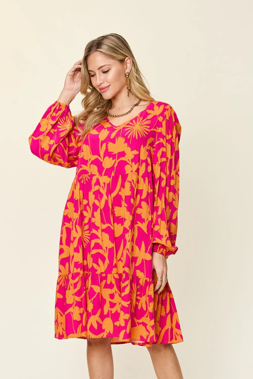 Double Take Full Size Printed Ruffle Hem Dress with Pocket 96dd8254-dec7-4d27-b91d-f884084e90bf-Max