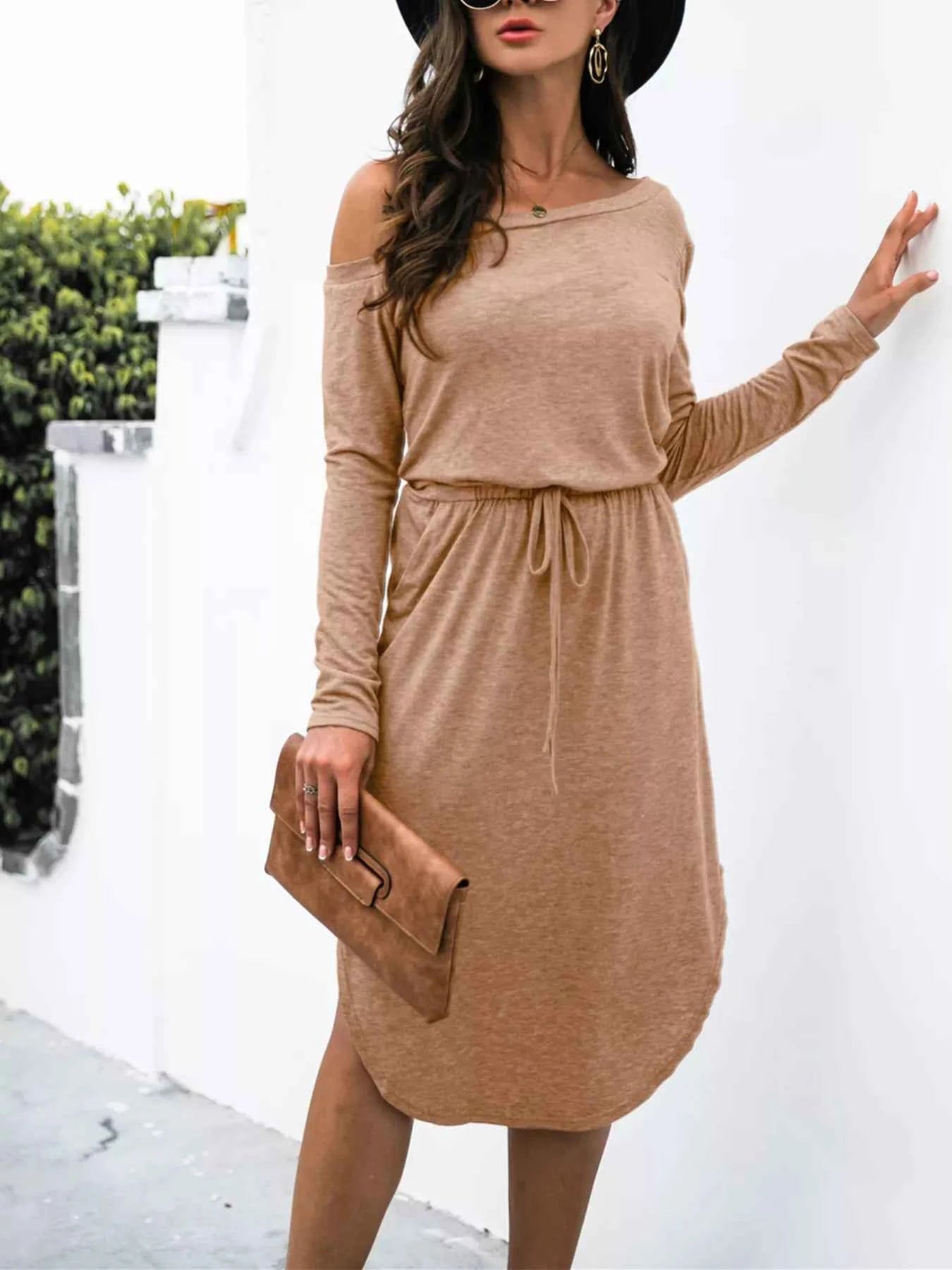 One-Shoulder Long Sleeve Midi Dress with Drawstring Waist 96e22628-99a6-4c84-942d-4cafd7b53ed9-Max-Origin