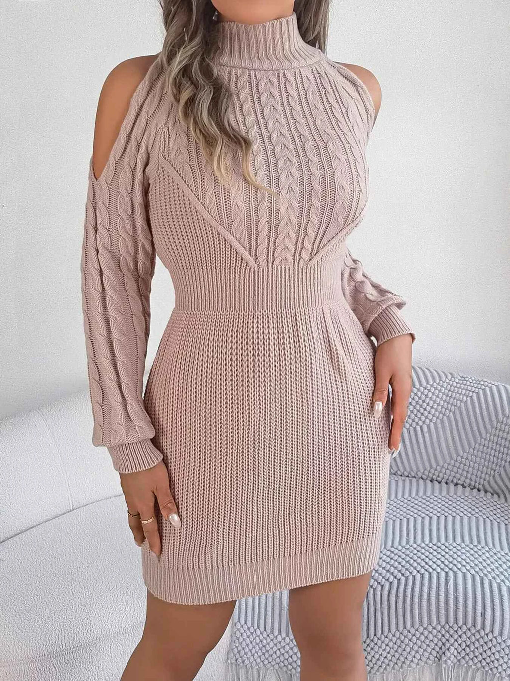 Cold Shoulder Cable Knit Turtleneck Sweater Dress 96e324069965474b817051d6b1b76243-Max-Origin