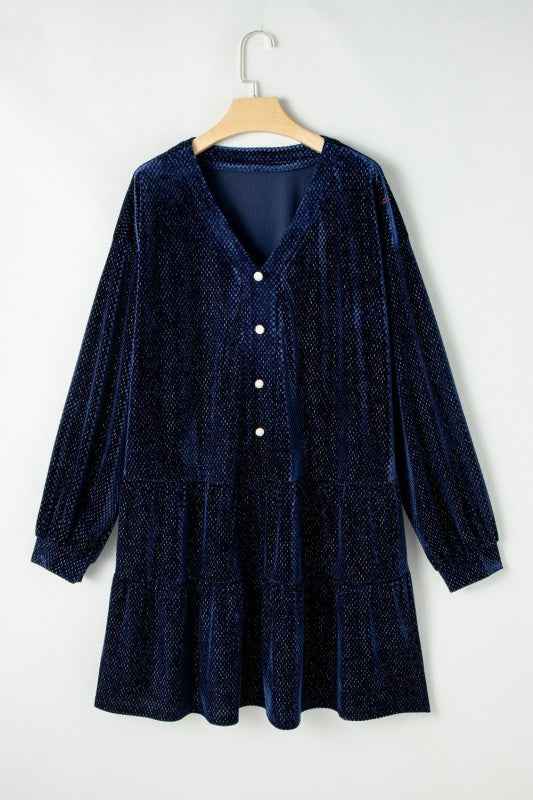 Plus Size Textured Velvet Buttoned Tiered Dress 96e903e7-68a9-43da-bb24-e37634d59535