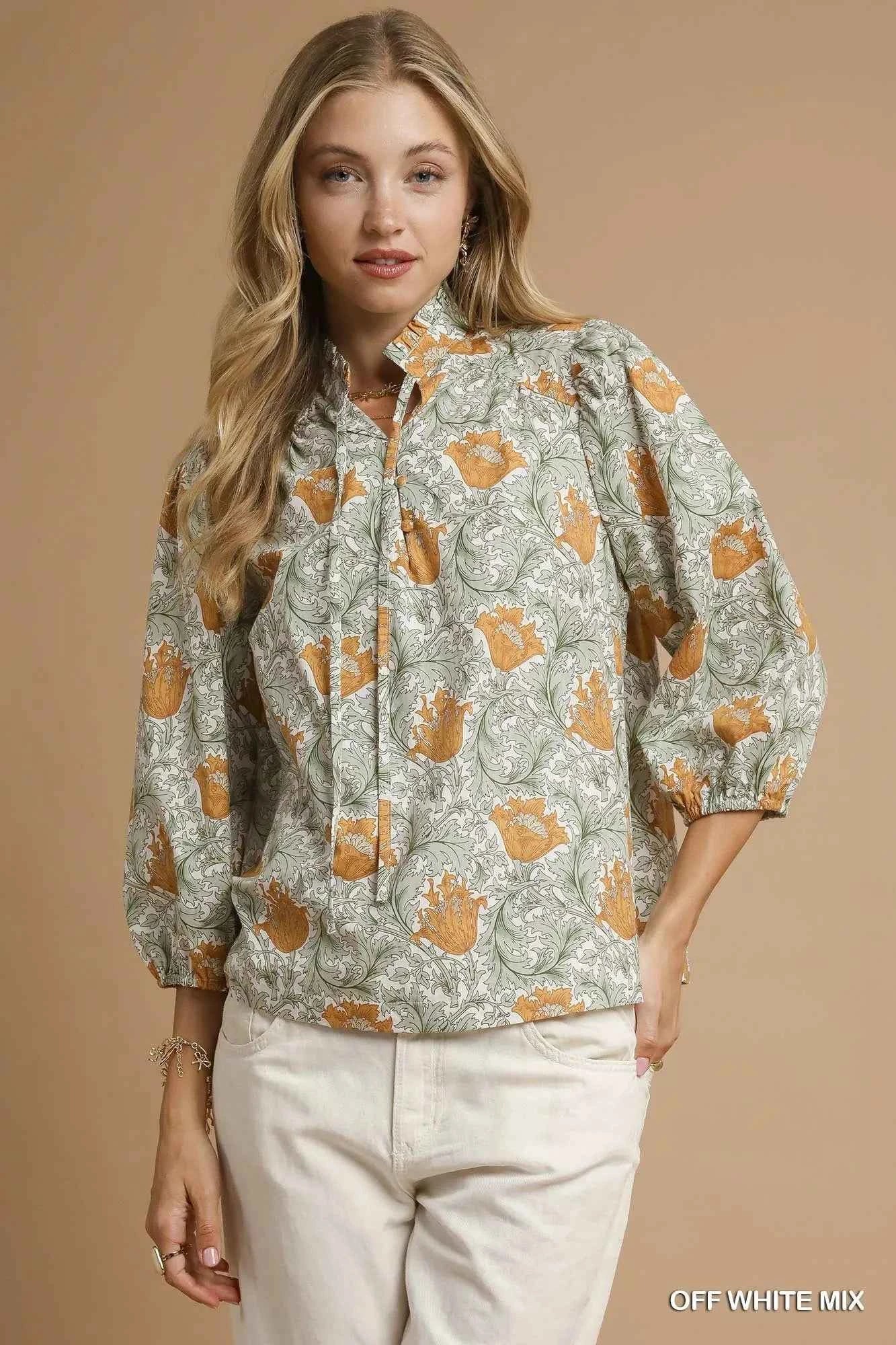 Umgee Floral Print Tie Neck 3/4 Sleeve Blouse 96ed39aa-cf2d-4997-95da-8c59752220b7-Max-Origin