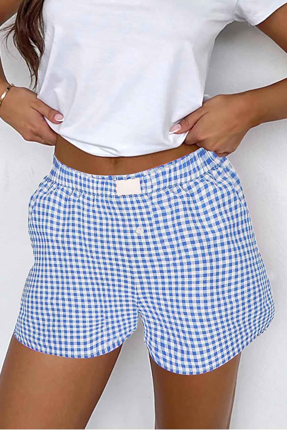 Red Vintage Plaid Print High Waisted Loose Wide Leg Shorts blue 96eee939fb656f65