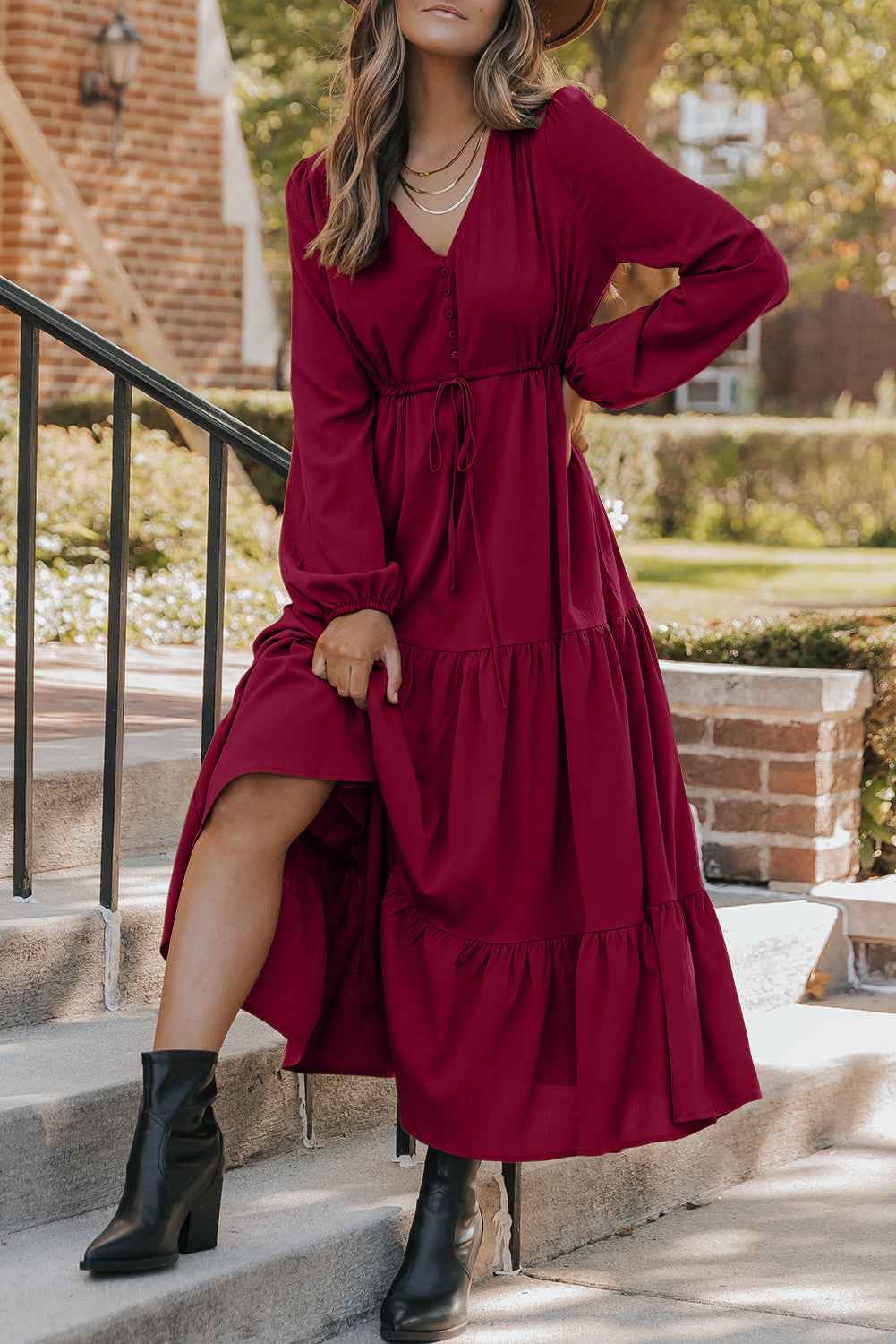 Blackish Green Solid Long Sleeve Button V Neck Tiered Maxi Dress Burgundy 100%Polyester 96eeefc0ad586b50