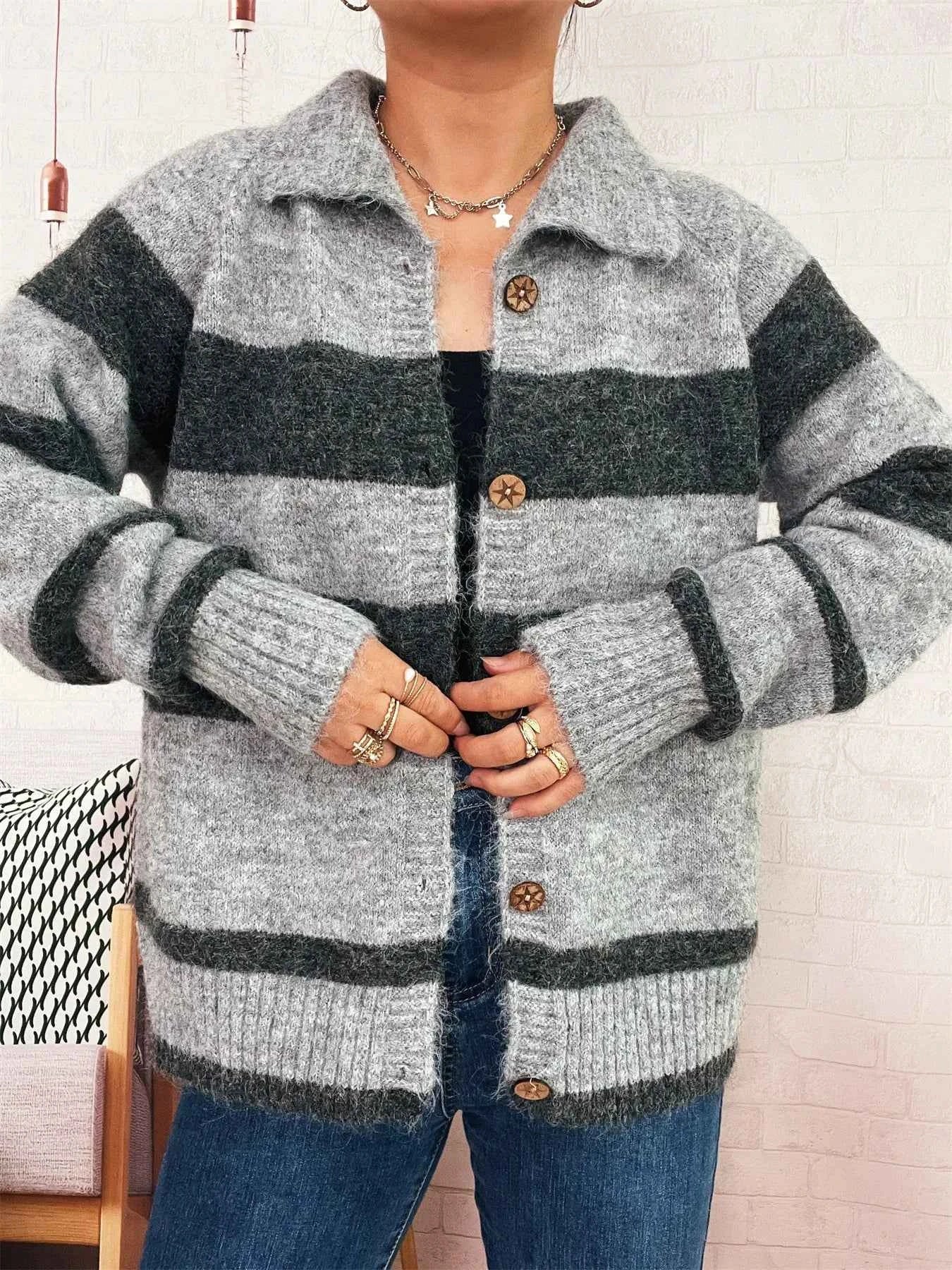 Striped Button-Up Cozy Cardigan Gray One Size 96f247ac2a2b47cbb0dc11d5d5729097-Max-Origin