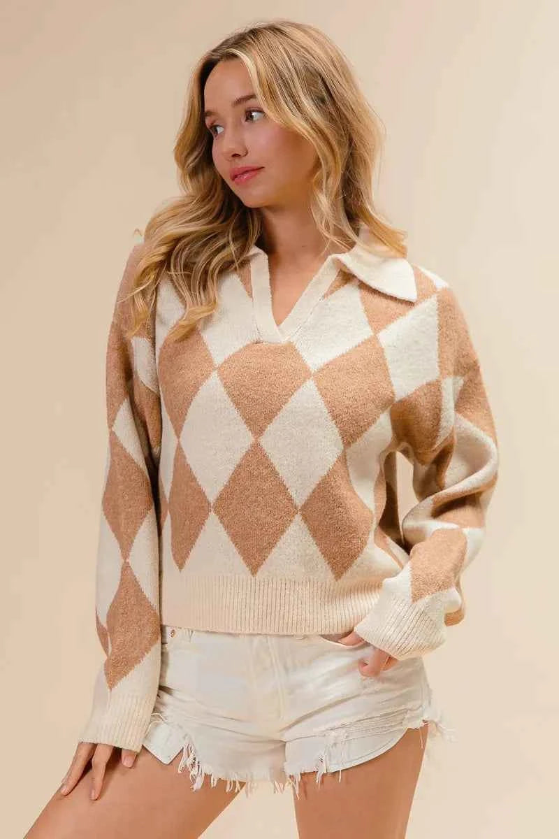 BiBi Diamond Pattern Collared Notch Neck Sweater 96f32c2ee06043c1a3e53500dc871190-Max-Origin