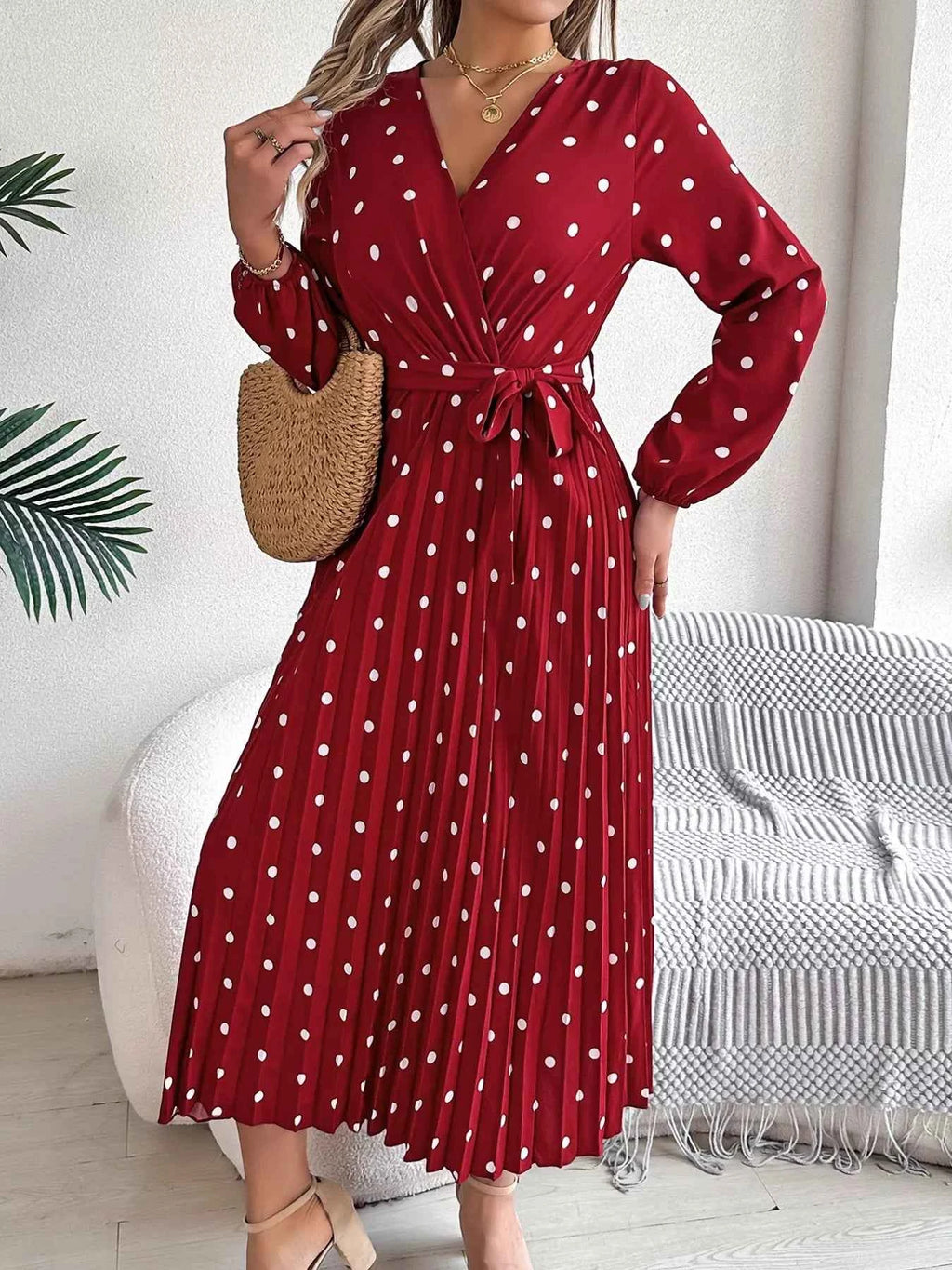 Front Tie Polka Dot Midi Pleated Dress 96fcb9ed-8345-40b2-a213-47d365d08357-Max-Origin