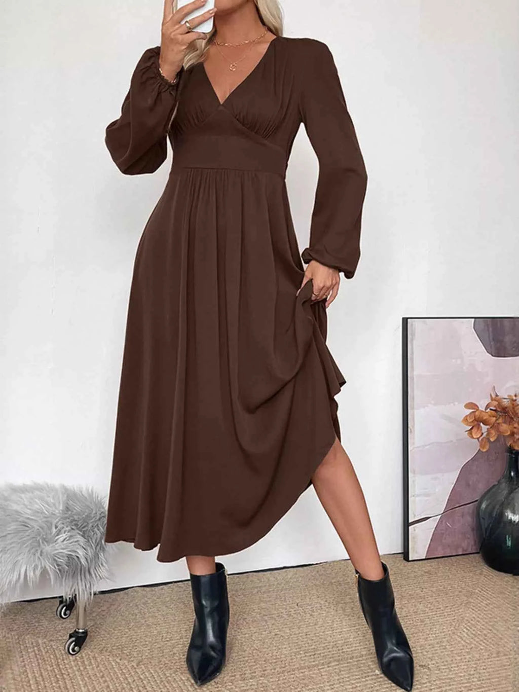 V-Neck Balloon Sleeve Midi Dress 96feb05c9cf44aca8de829f292a2d477-Max-Origin