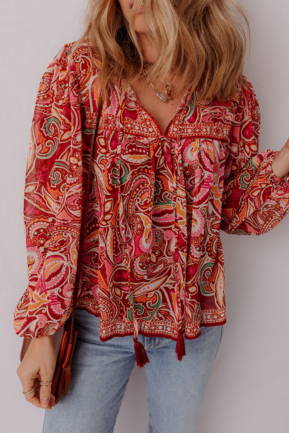 Multicolour Ethnic Paisley Print Tassel Tie Puff Sleeve Boho Blouse 97003a5fde3b114e