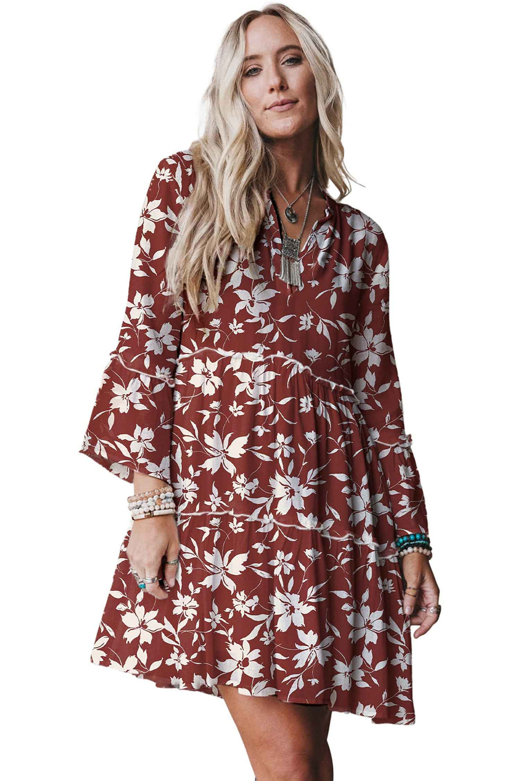 Sky Blue Boho Floral Print Lettuce Trim 3/4 Sleeve Mini Dress 9701e4fb161452e2