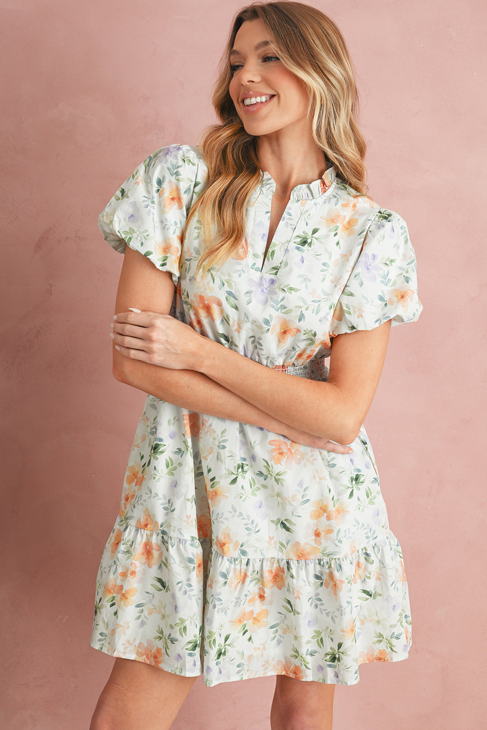 Beige Floral Print Smocked High Waist Puff Sleeve Mini Dress 97028f1048ef4528