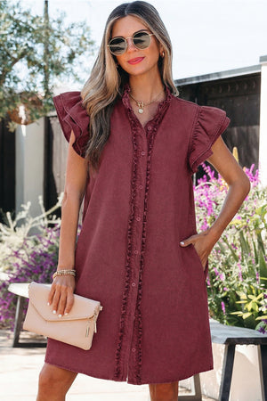 Red Sandalwood Frilled Detail Button Down Ruffle Short Sleeve Denim Mini Dress Red Sandalwood 74.7%Cotton+16.5%Polyester+8.8%Regenrated Fibre 97046129c6efb7ab