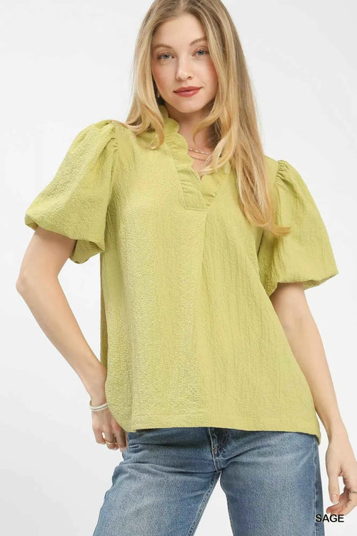 Umgee Seersucker Puff Sleeve Blouse SAGE 9704ffd1-b79c-4e4a-8e3d-853e3778a8e7-Max-Origin