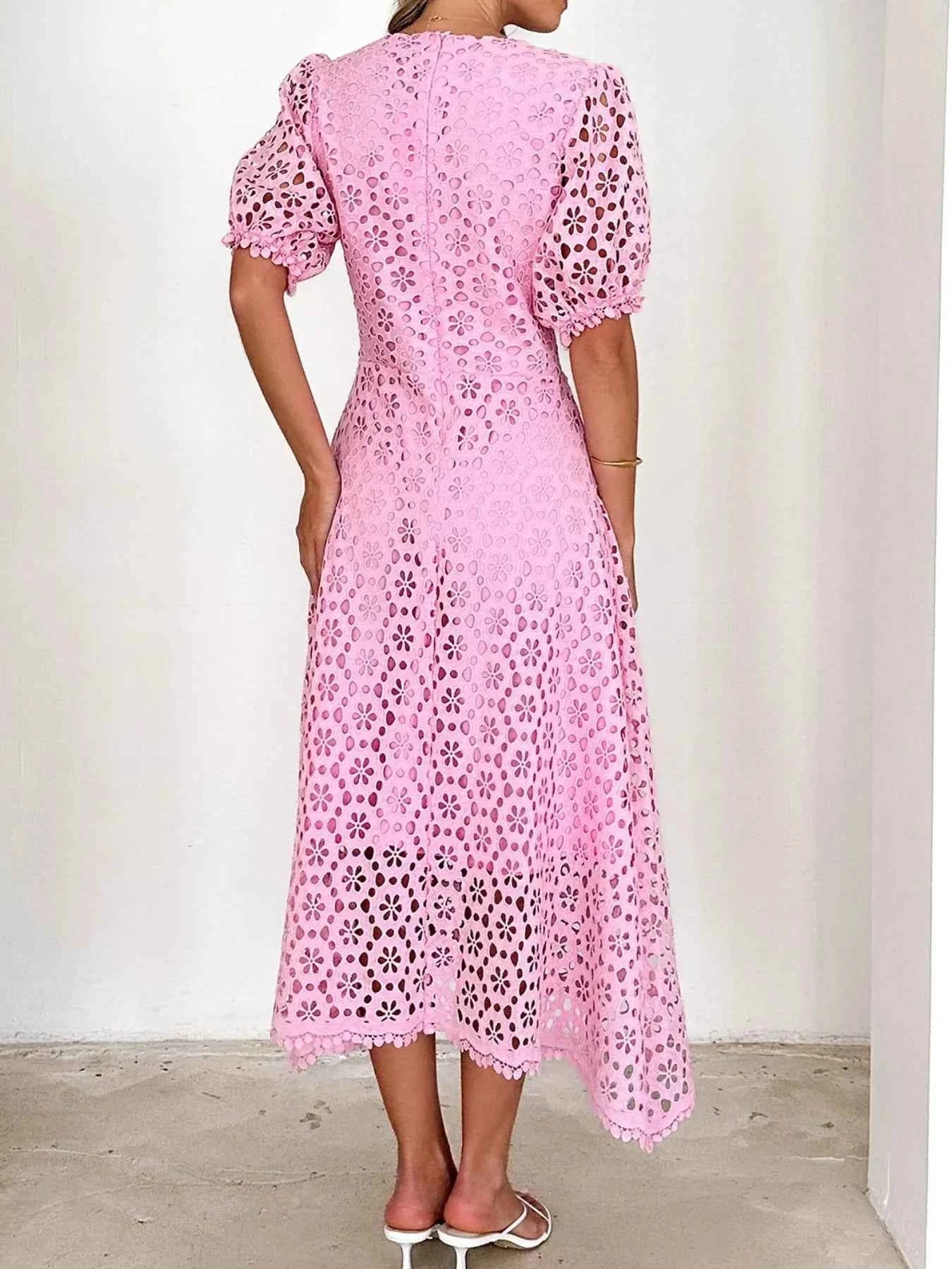 Eyelet Lace V-Neck Midi Dress with Puff Sleeves 9705054f-adeb-4792-96b9-6280e7bdd1f6-Max-Origin