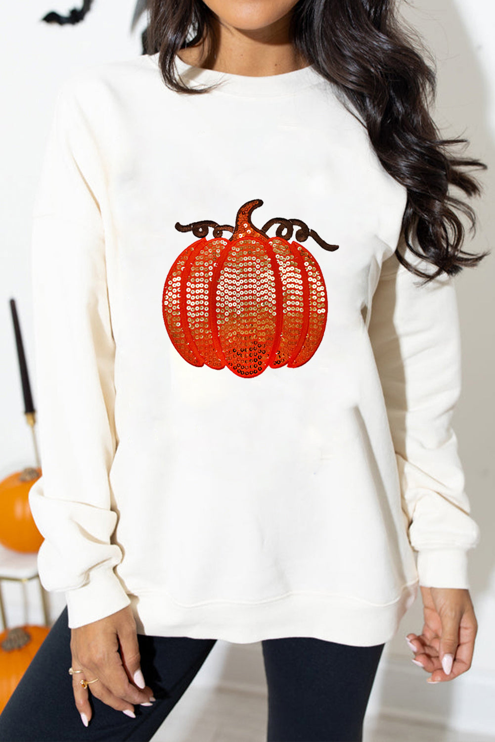 White Sequin Pumpkin Patched Casual Pullover Graphic Sweatshirt 970c5311a5e9cb2a