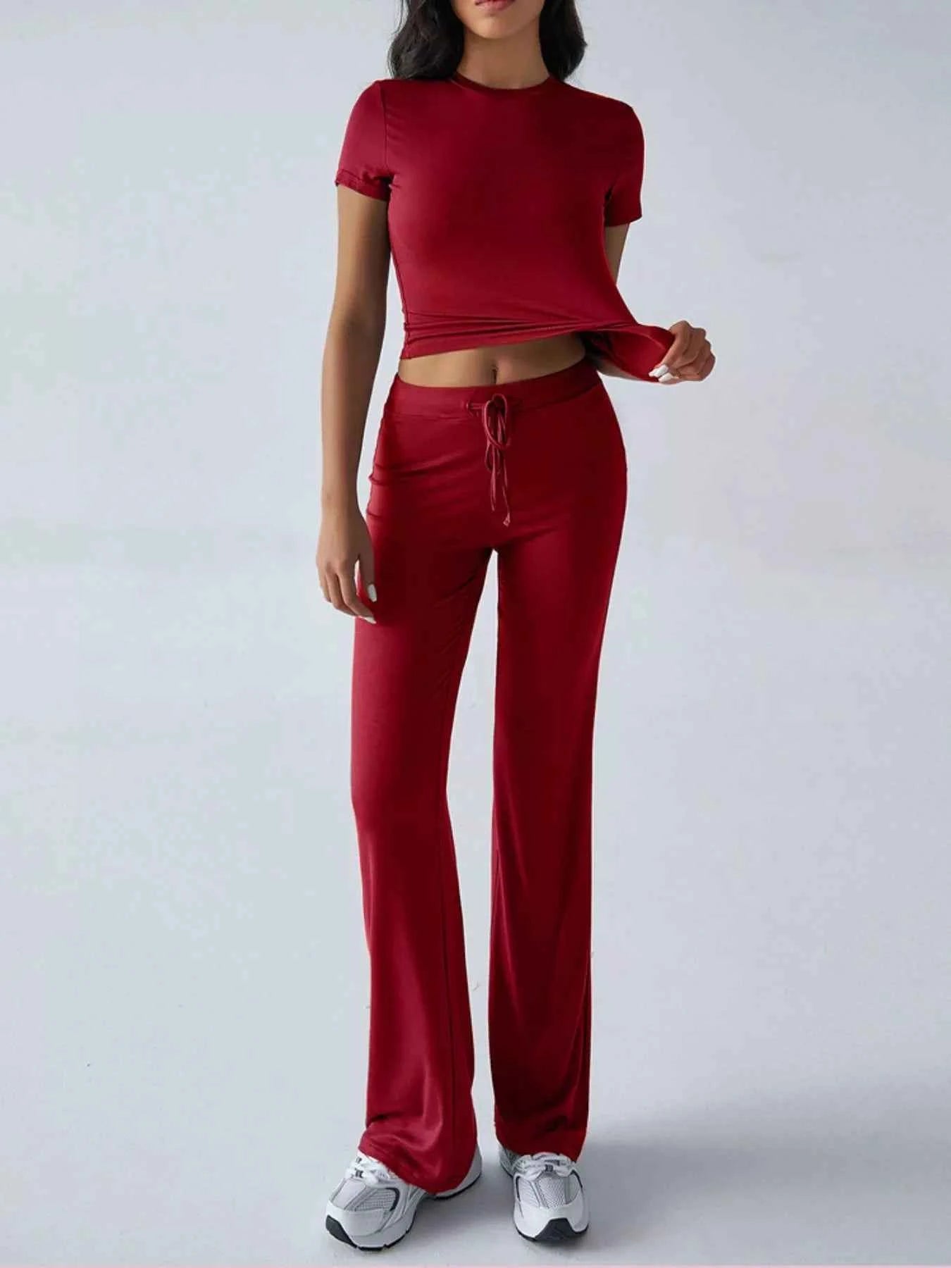 Mock Neck Short Sleeve Top and Pants Set Burgundy 970d2f90-ac2b-4f2a-813c-b361c1d42a87-Max-Origin