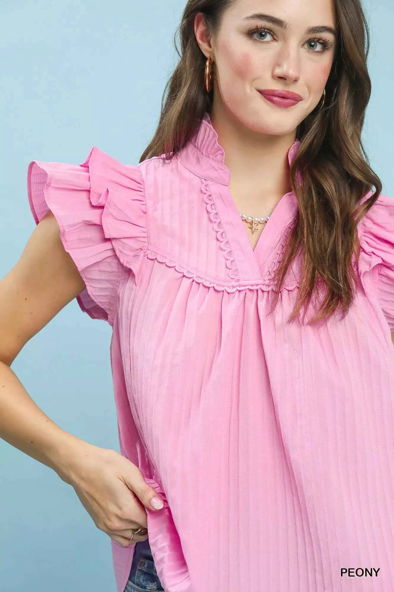 Umgee Ruffle Sleeve Textured Babydoll Blouse 97127a03-9f99-41a1-aec5-1906238e9c54-Max-Origin