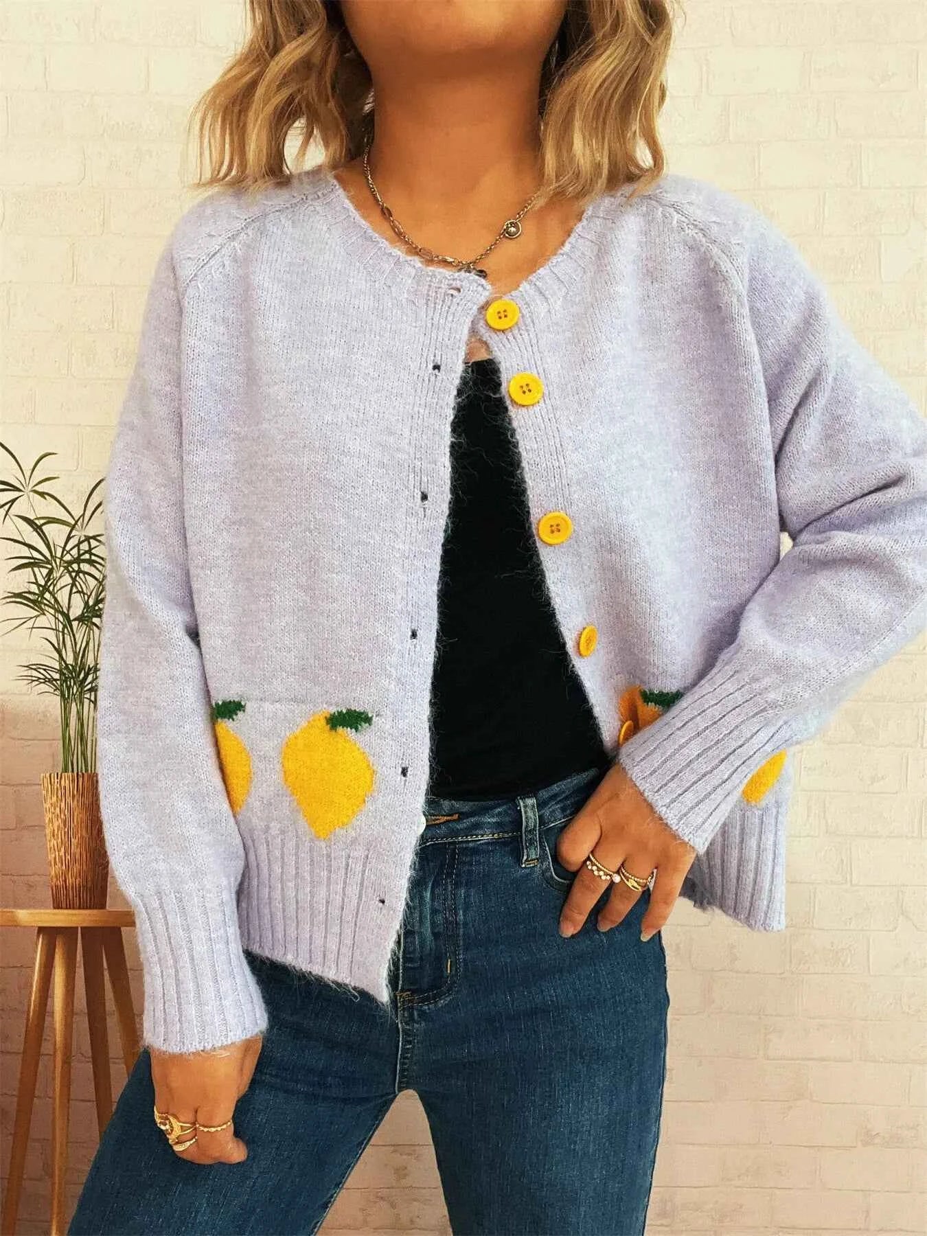 Lemon Pattern Button-Up Cardigan 9712b5e27206487197b700411941c5cf-Max-Origin