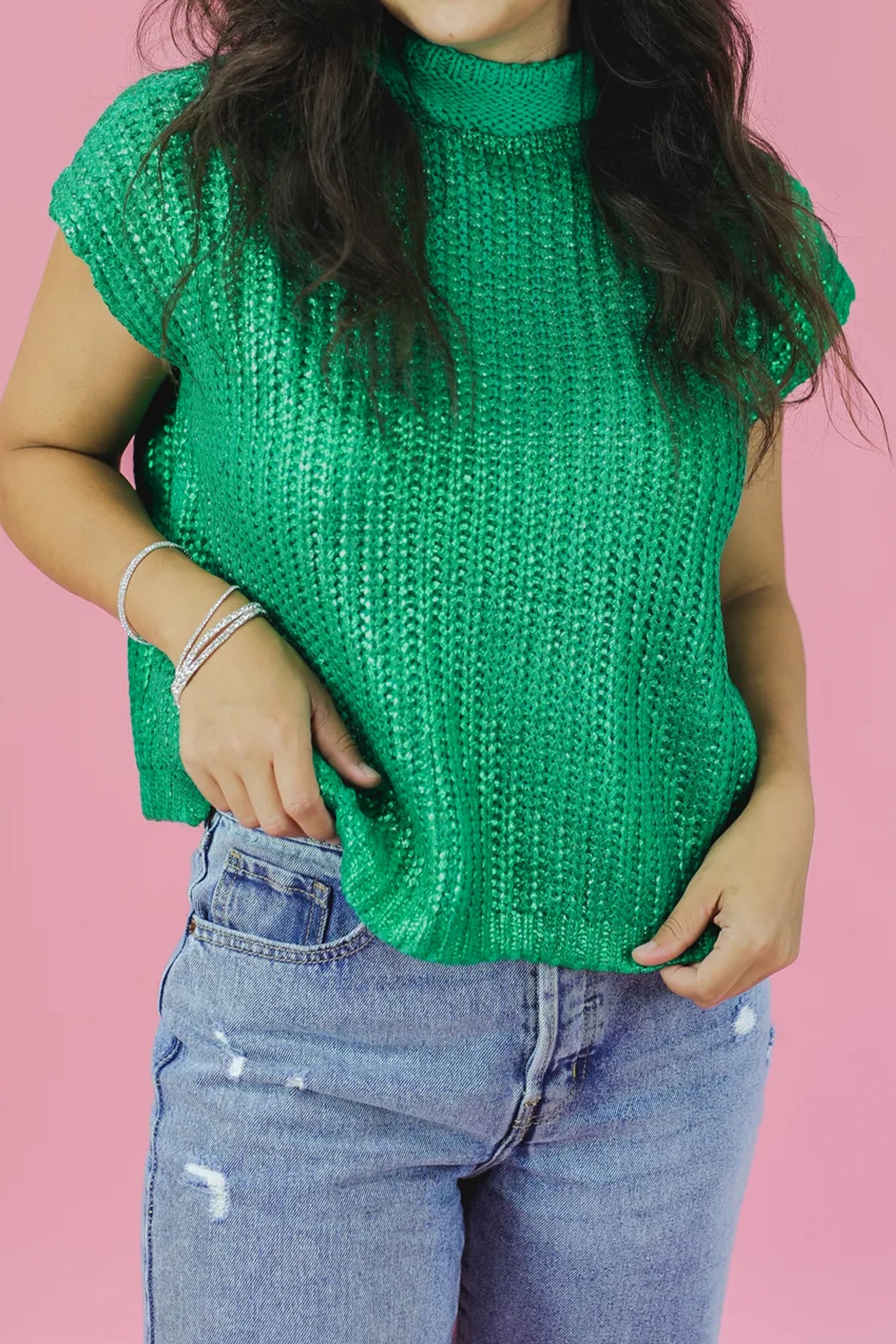 Bright Green Solid Color Knit High Neck Short Sleeve Sweater 97198756d392a88c
