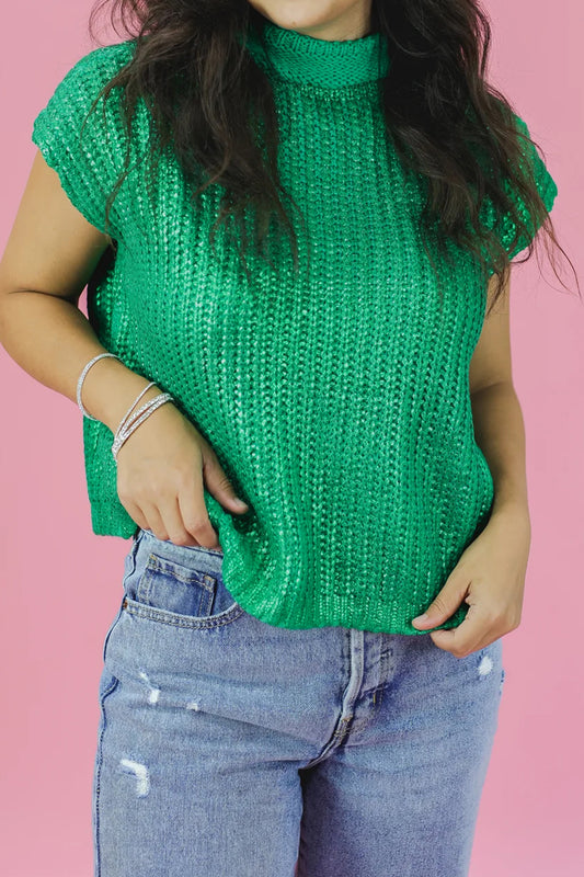 Bright Green Solid Color Knit High Neck Short Sleeve Sweater 97198756d392a88c