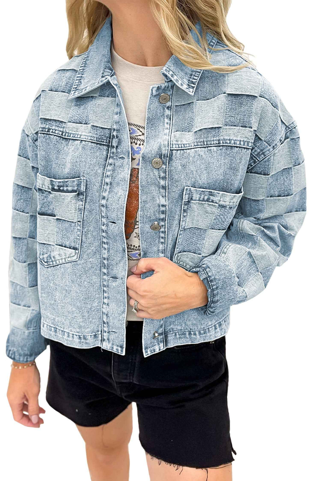 Beau Blue Denim Checkered Pattern Patchwork Womens Casual Jacket 971d3cc668999e1d