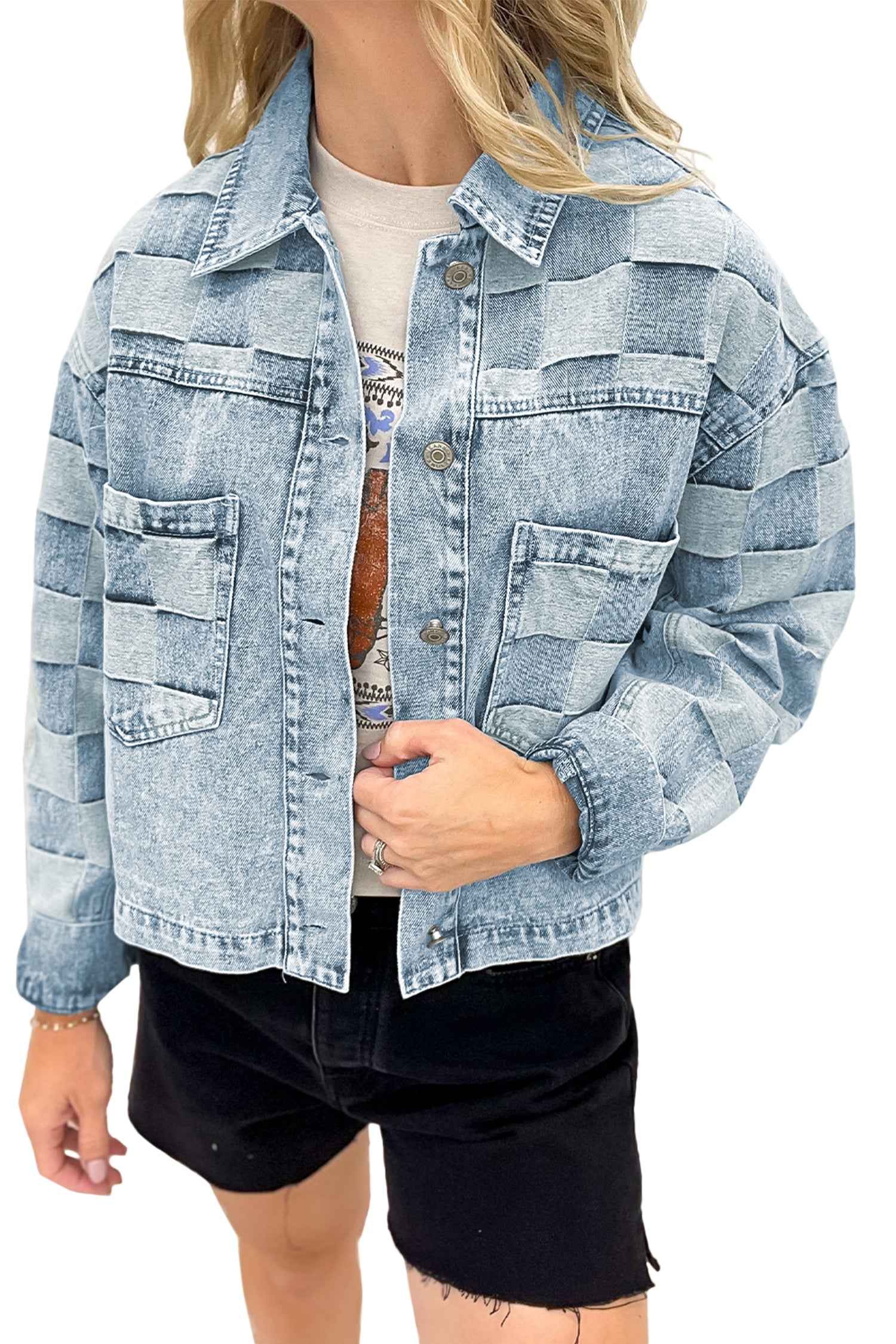 Beau Blue Denim Checkered Pattern Patchwork Womens Casual Jacket 971d3cc668999e1d