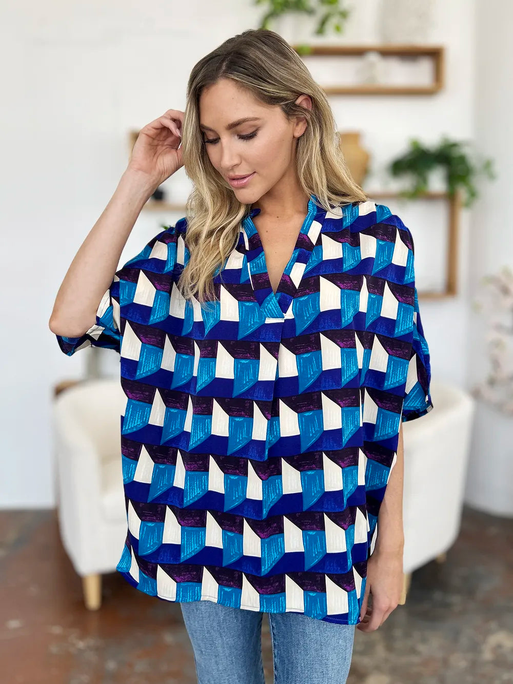 Double Take Full Size Geometric Notched Half Sleeve Blouse 971d8136-16fc-446a-9ba8-465bebec432e-Max