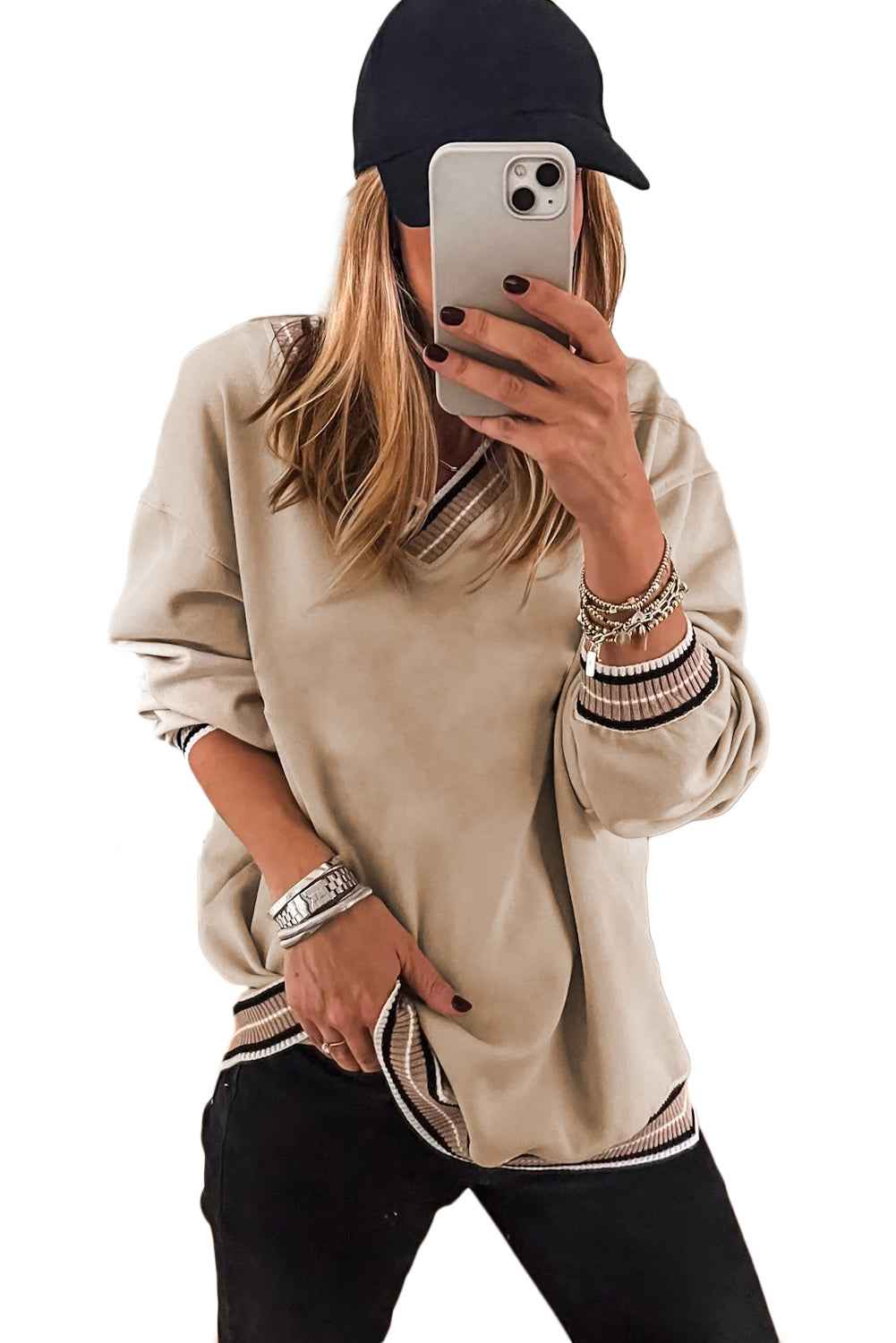 Parchment Varsity Contrast Trim V Neck Sweatshirt 972379754b66ac6f