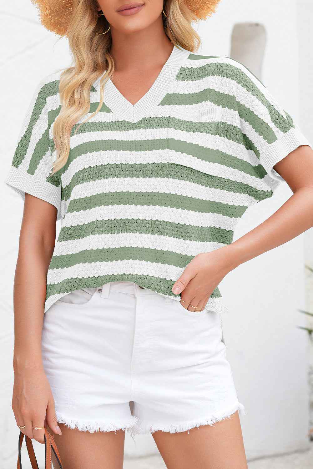 Green Stripe V Neck Short Sleeve Sweater with Side Slits Green Stripe 100%Viscose 972424d6308c1f35