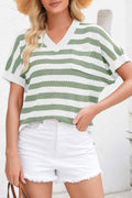 Green Stripe V Neck Short Sleeve Sweater with Side Slits Green Stripe 100%Viscose 972424d6308c1f35