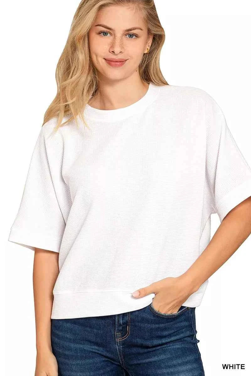 Zenana Double Knit Banded Bottom Short Sleeve Top WHITE 9730acf6f69d4aec91885634027a5b1a-Max-Origin