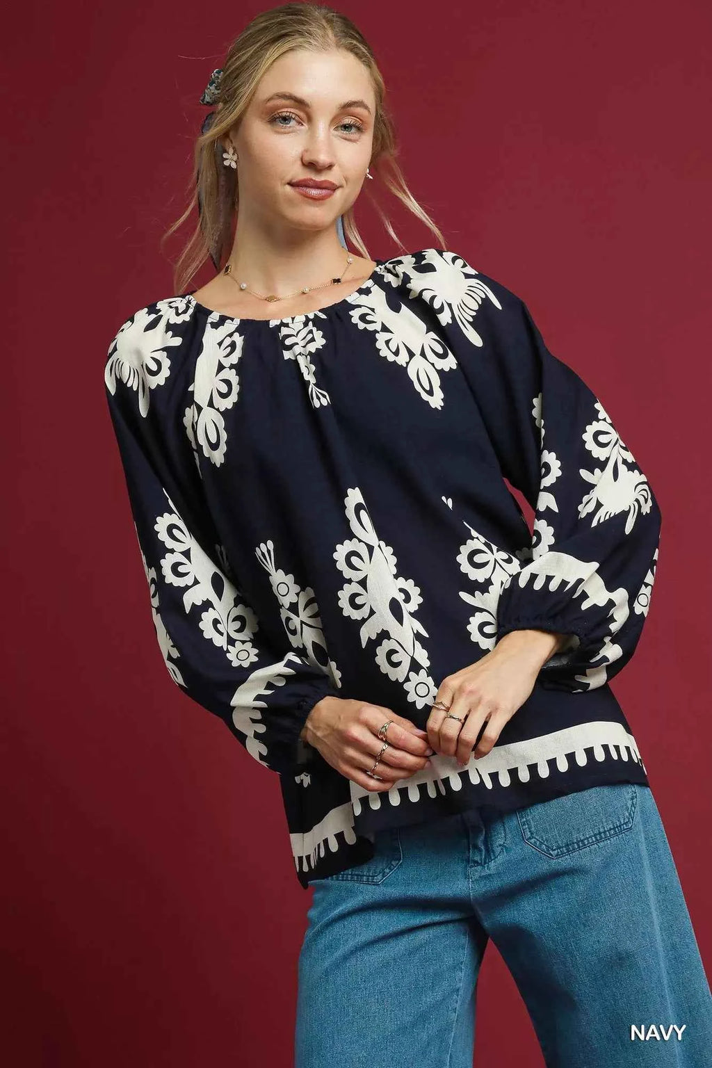 Umgee Two Tone Border Print Top with Balloon Sleeves Navy 97357253-8733-4701-869a-54c9c48d4083-Max-Origin