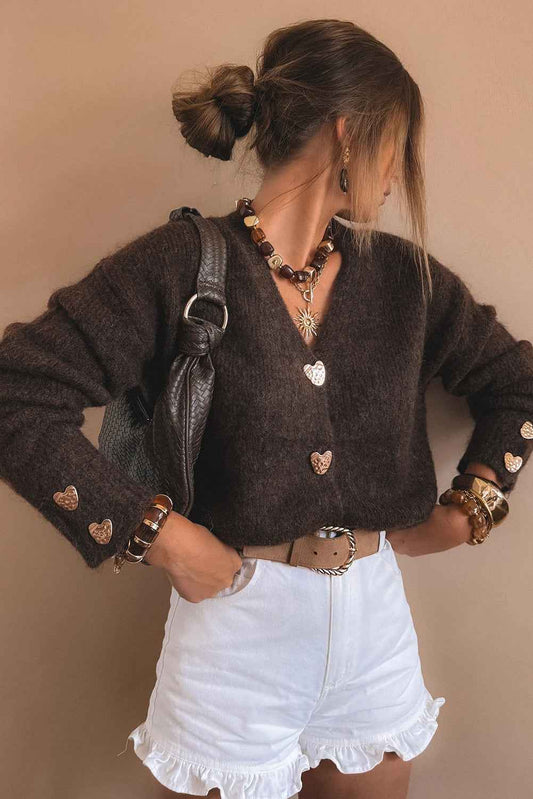Chicory Coffee V Neck Metallic Heart Button Knit Cardigan 97358a4226071787