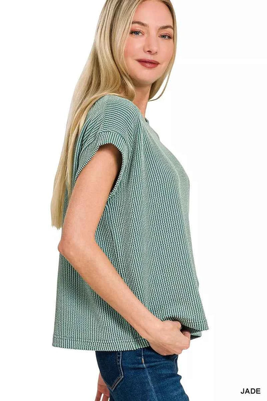 Raised Rib Cap Sleeve Top & Shorts Set 97367b5fd7b348279eae847fa23ea8a1-Max-Origin