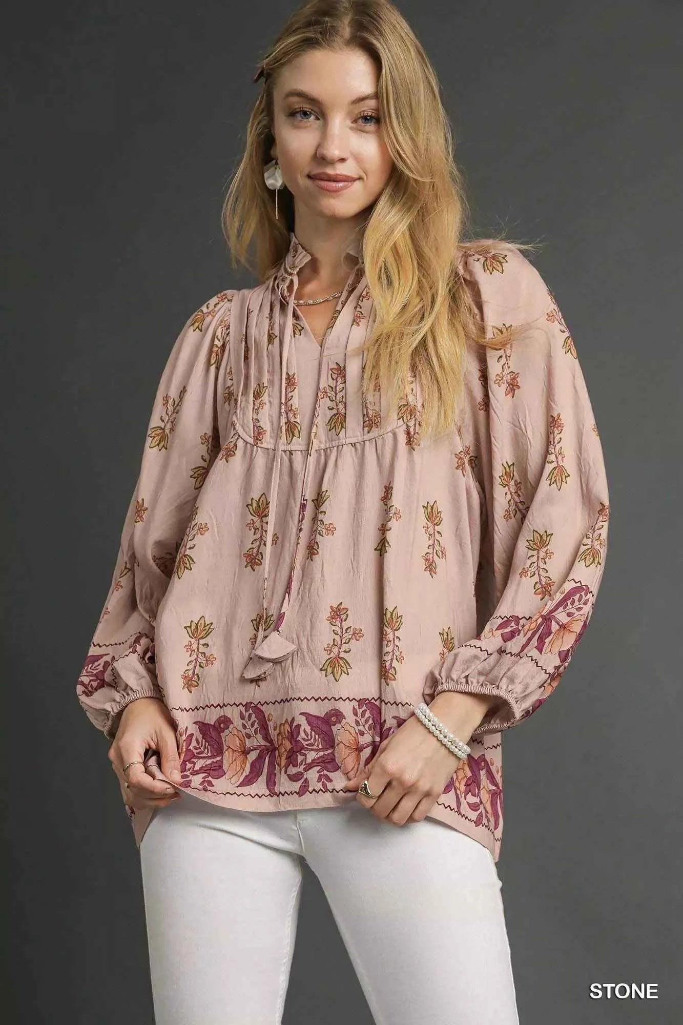 Umgee Floral Boho Peasant Blouse STONE 9737b4eb-884b-4458-b4bb-7db03298c697-Max-Origin