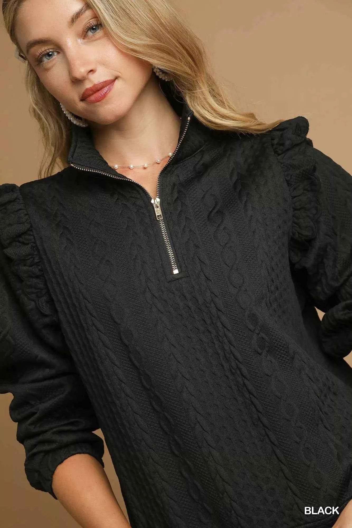 Umgee Cable Knit Textured Pullover with Ruffle Shoulders 973feab7-f4bb-4dcc-af94-e96d72d97c9f-Max-Origin
