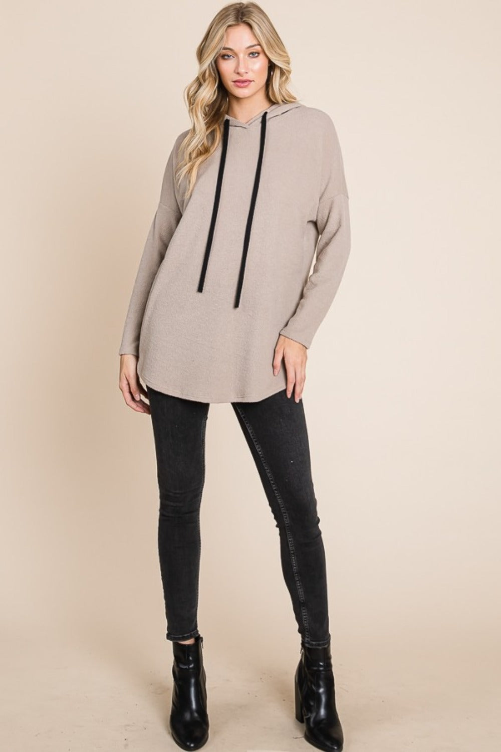 BOMBOM Contrast Drawstring Drop Shoulder Knit Hoodie