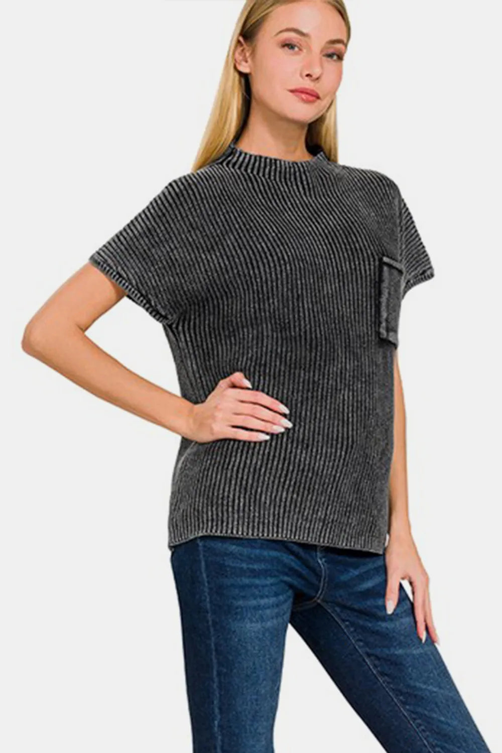 Zenana Pocketed Mock Neck Short Sleeve Sweater 9742a470-870d-4ed9-b558-417a6d0c23fe-Max