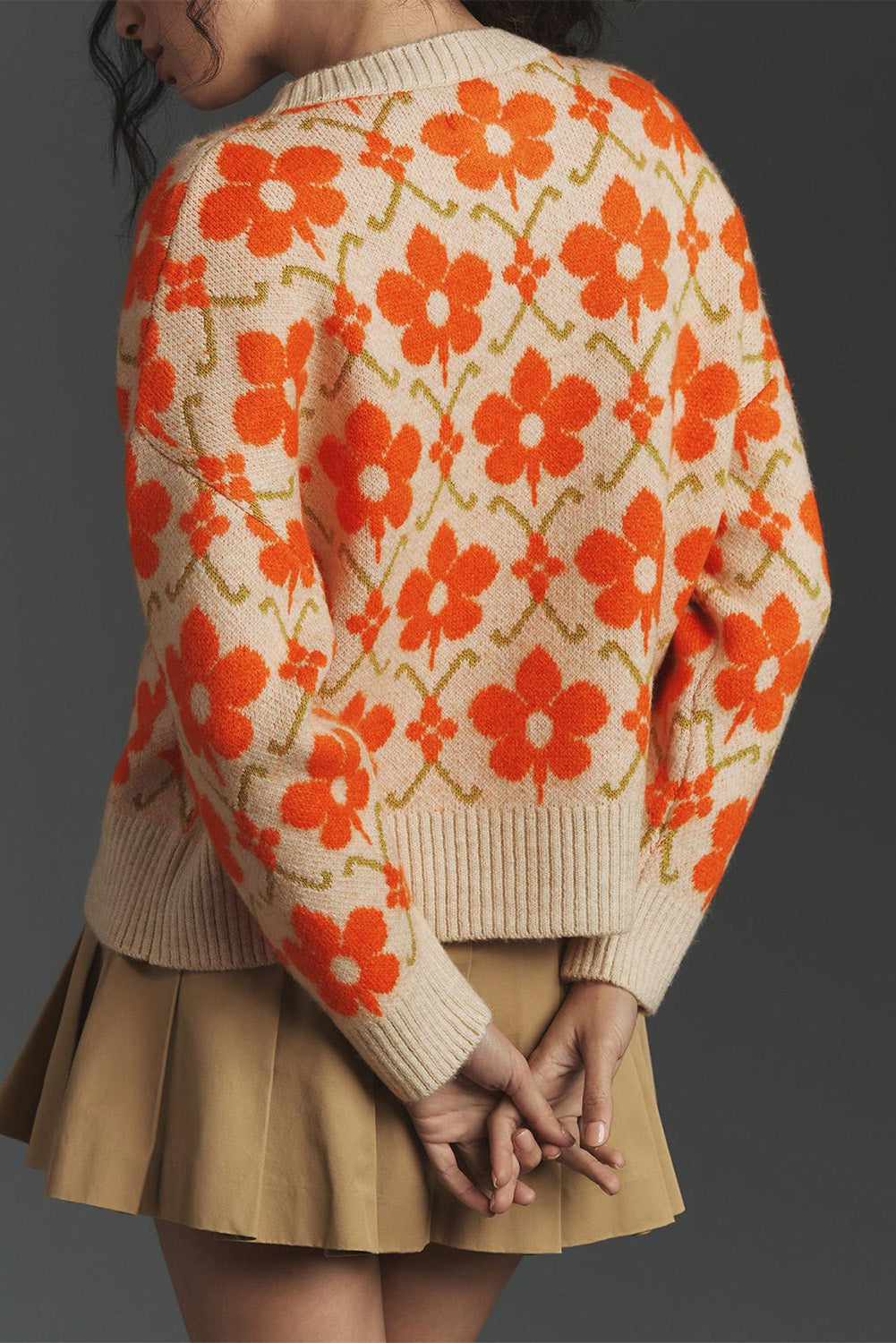 Orange Floral Button Round Neck Knit Cardigan 9746a0ef2b4ba0a5