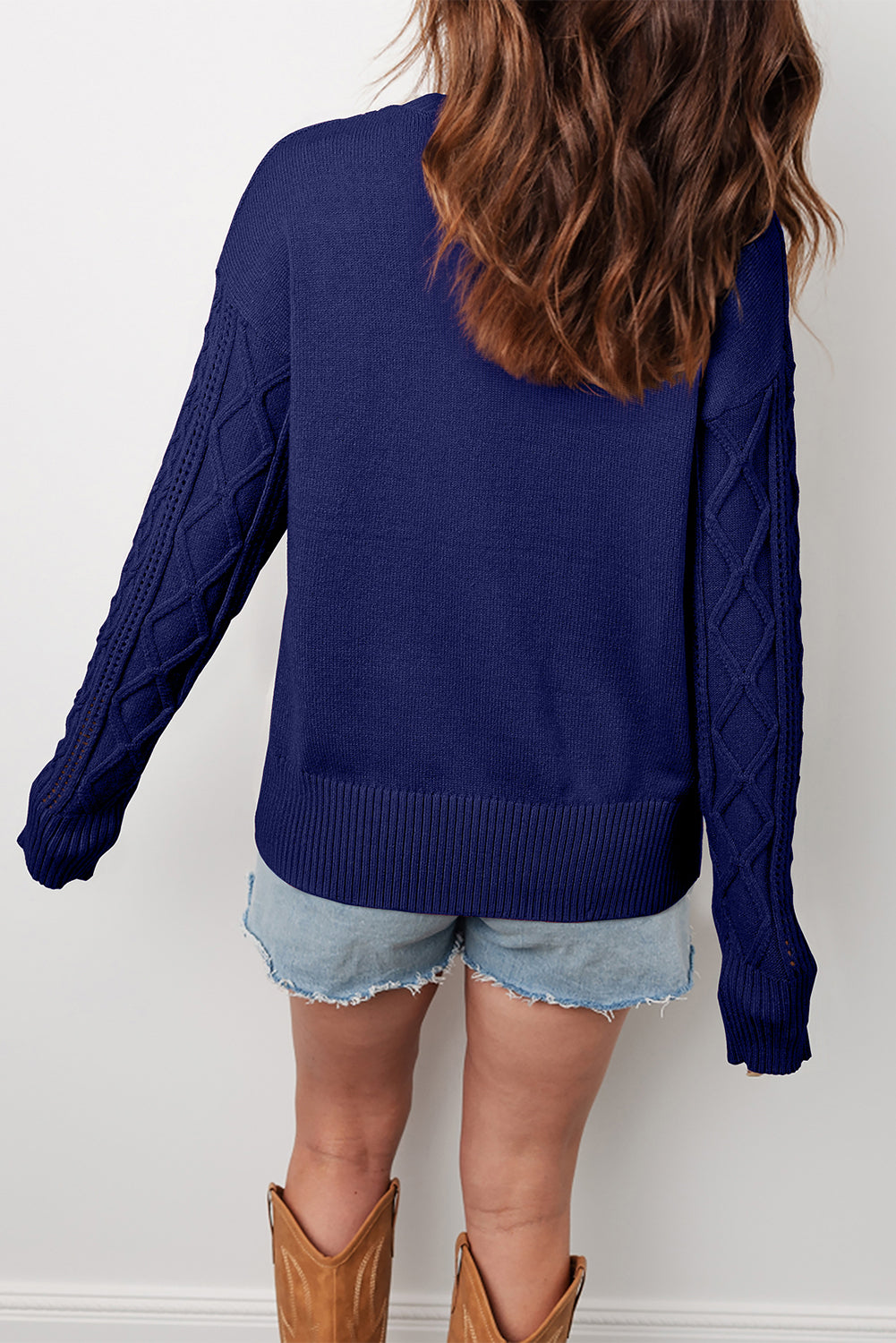 Navy Blue Mix Texture Knit Eyelet Detail Casual Sweater 9750cce15cd584d7